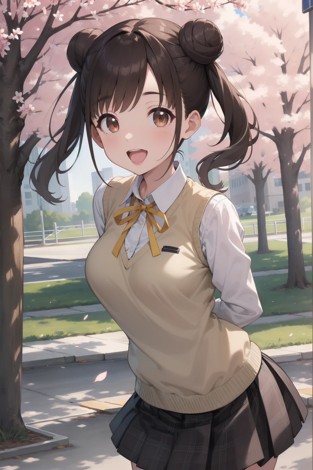 masterpiece, best quality, highres, aachiyoko, double bun, twintails, neck ribbon, yellow ribbon, collared shirt, sweater vest, blazer, black jacket, open clothes, long sleeves, plaid skirt, brown skirt, outdoor, cherry blossoms, smile, leaning forward, standing, cowboy shot, open mouth, arms behind back,