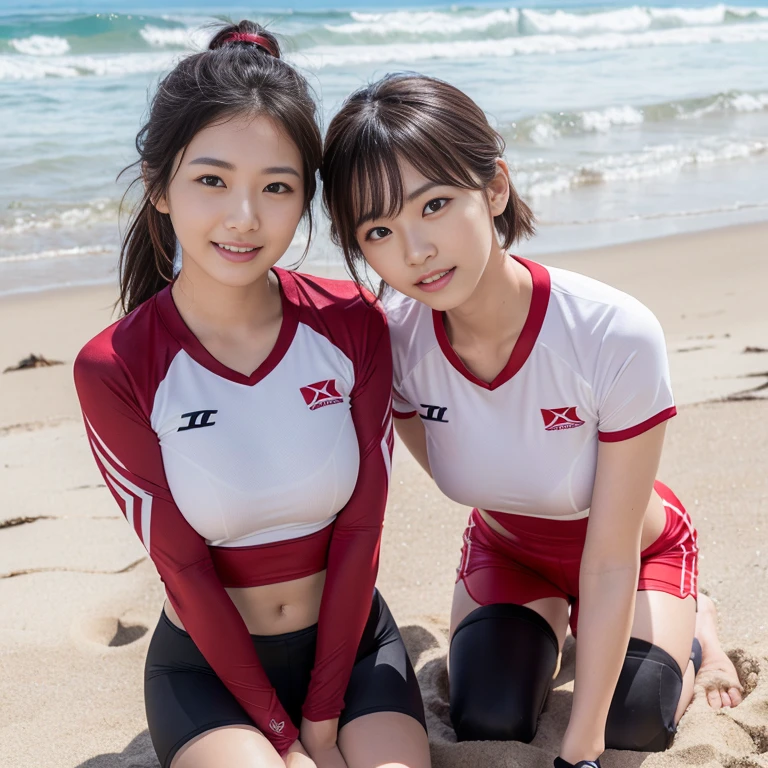 (2 beautiful Korean women volunteers, age 28, wearing White Tight Lightweight Synthetic Korea Volleyball Jersey, Red Spandex Shorts, Ankle Braces and Knee Pads, sleeping and resting, during Sunrise On The Beach, thoughtful expressions, kind smile, dimpled chins, cute snaggle-tooth, short hair ponytail, symmetrical face, beautiful detailed face, beautiful detailed eyes, perfect body proportions, ample round bosoms, photorealistic, hyper-realism, high contrast, ultra HD, realistic skin textures, top image quality, top-quality, super high resolution, fine details, very meticulously, masterpiece, head to knees, High Angle Shot, bokeh background) #WorldOceansDay