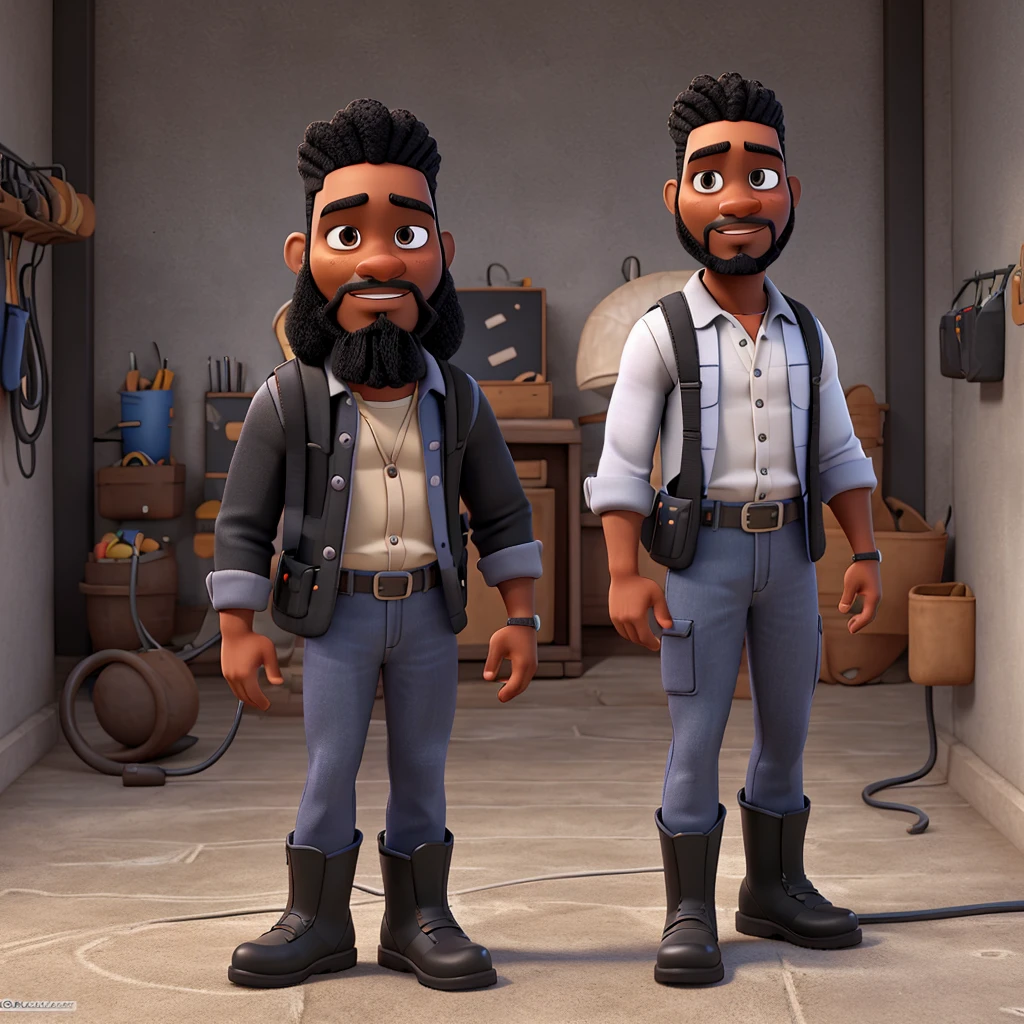 Pixar style 3D drawing, of a black man, braided straight, black beard, gray electrician uniform, black boots,