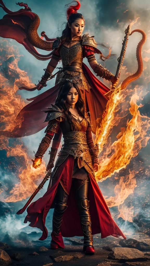 realistic photo of a woman, Asian face, fantasy warrior clothes, red, black, gloves, red shoes, long hair, wind blowing effect, fighting a large octopus monster, an orc with a flaming sword in her right hand, bright red and full lips. fire, flmngprsn, hand, holding, standing on island rock, stick medieval old style fashion front facing colored fire effect smoke background in sea of fire effects and realistic sparks masterpice ultra hd visible full body.