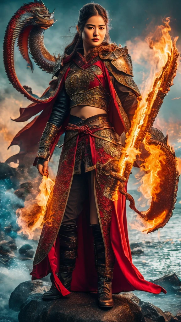 realistic photo of a woman, Asian face, fantasy warrior clothes, red, black, gloves, red shoes, long hair, wind blowing effect, fighting a large octopus monster, an orc with a flaming sword in her right hand, bright red and full lips. fire, flmngprsn, hand, holding, standing on island rock, stick medieval old style fashion front facing colored fire effect smoke background in sea of fire effects and realistic sparks masterpice ultra hd visible full body.