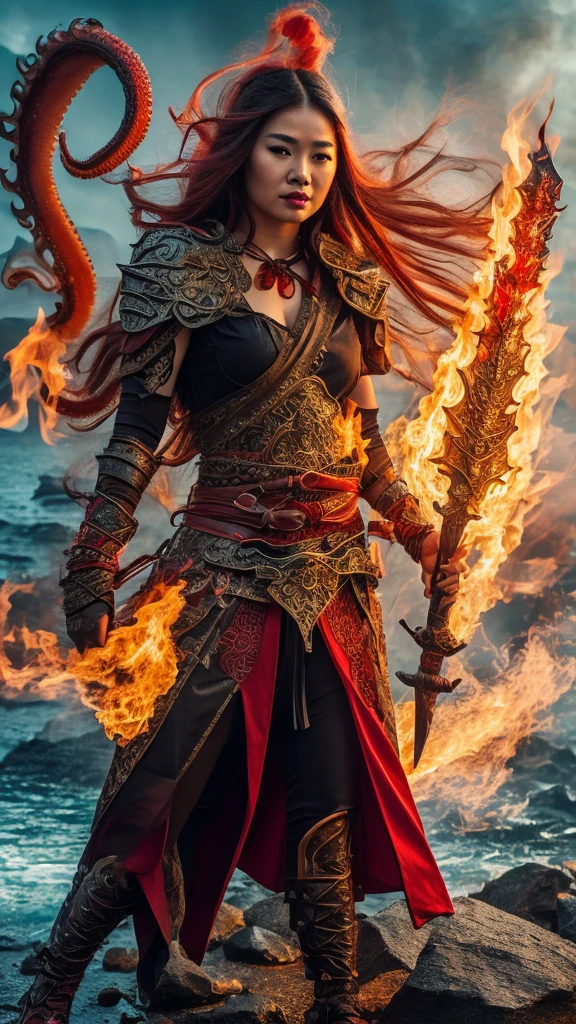 realistic photo of a woman, Asian face, fantasy warrior clothes, red, black, gloves, red shoes, long hair, wind blowing effect, fighting a large octopus monster, an orc with a flaming sword in her right hand, bright red and full lips. fire, flmngprsn, hand, holding, standing on island rock, stick medieval old style fashion front facing colored fire effect smoke background in sea of fire effects and realistic sparks masterpice ultra hd visible full body.