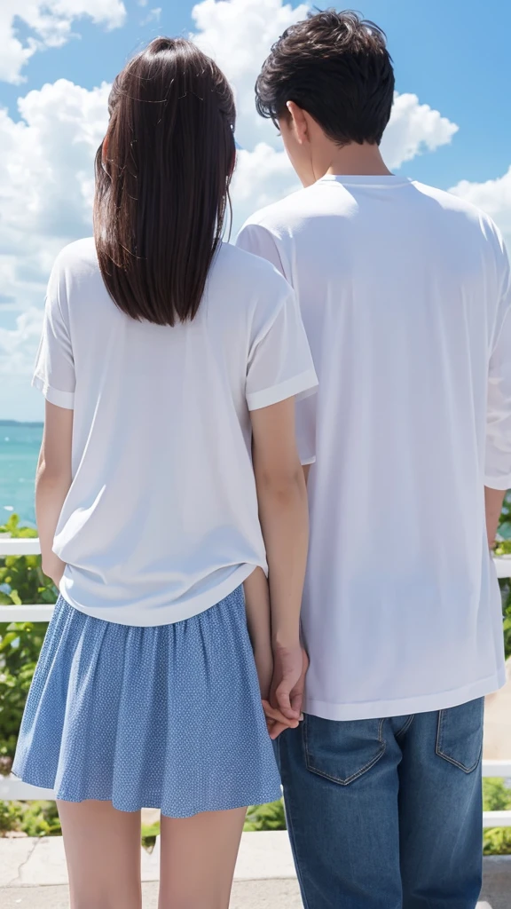 Blue sky with white clouds Casual clothing Male and female back view An illustration