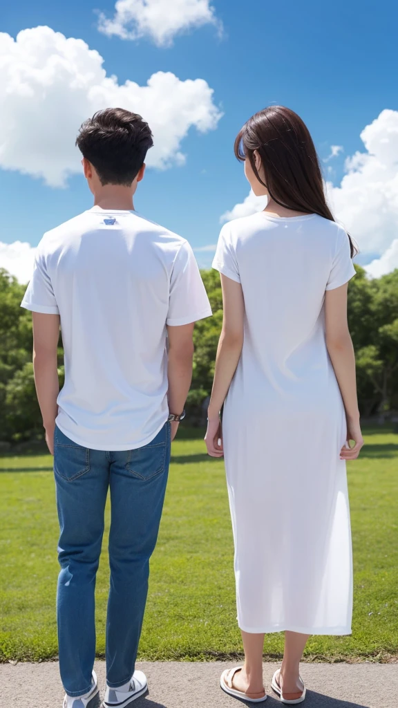 Blue sky with white clouds Casual clothing Male and female back view An illustration