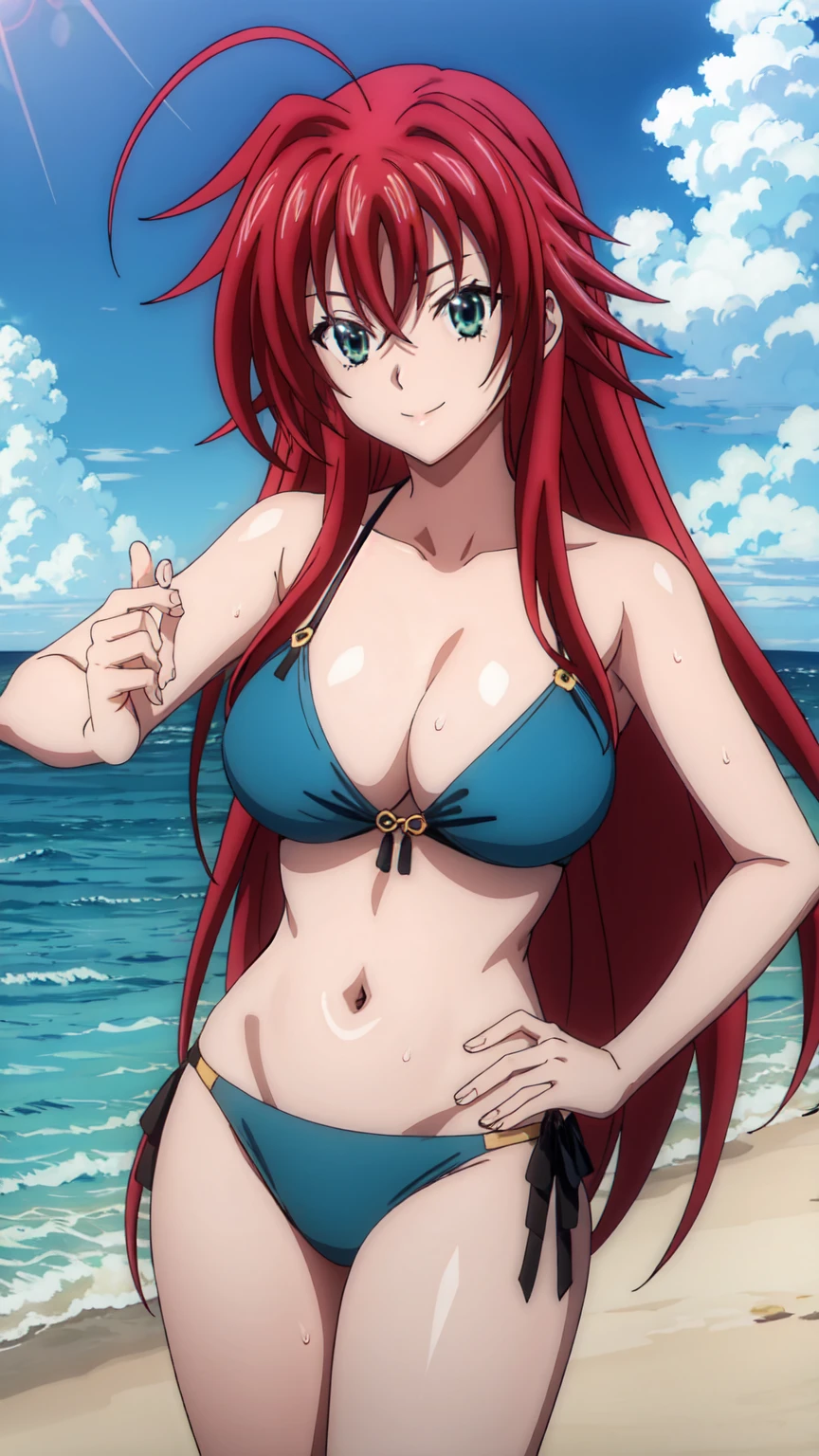 eft_dxd_rias, 1girl, rias gremory, long hair, solo, ahoge, red hair, breasts, hair between eyes, very long hair, large breasts, green eyes,Smiling, looking at the viewer, blue theme, blue background, cloudy sky, sunlight, sweat, orgasmic, bikini swimsuit, large breasts, cleavage, belly button exposed, collarbone, thighs, sea and beach,