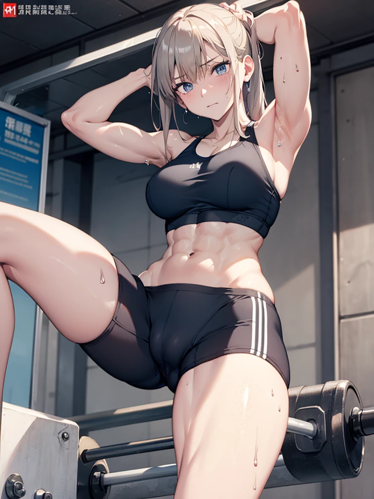 (Sweat, White skin:1.5、Light gray sports bra, Wet clothing), cameltoe, Brand logo on the bra, Fitness, Bodybuilding Poses, Sweat染み:1.5, Wet clothing