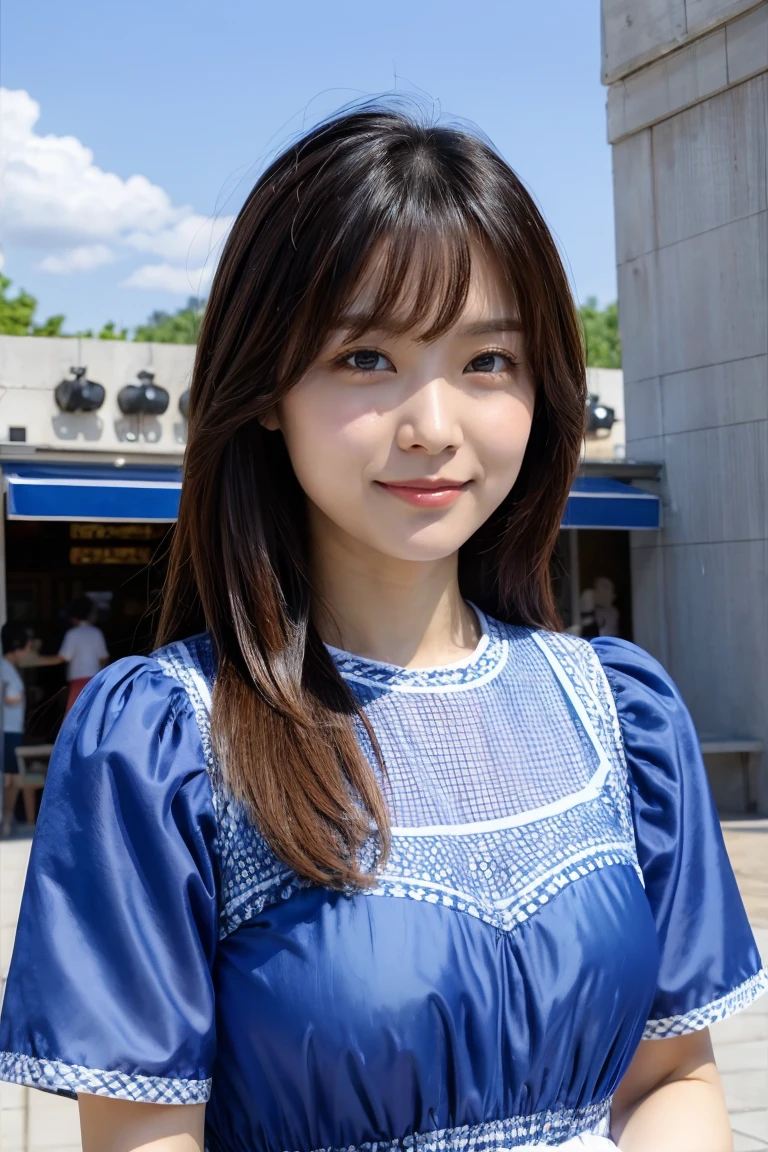 Medium Size Display, Medium Shot, Written boundary depth, Photograph the whole body, Movie angle,Action pose、masterpiece, Highest quality, Very detailed, CG, 8k wallpaper, Beautiful Face, Delicate eyes, Otome, alone, smile, cute、Sky blue patterned dress