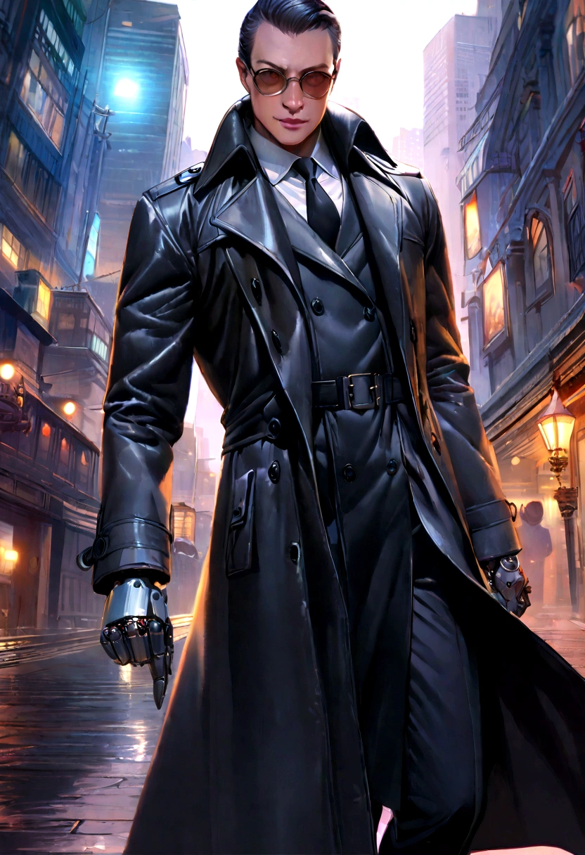 (best quality, 8k,highres,masterpiece:1.2), ultra-detailed, (realistic, photorealistic), (Detective Gadget in a sleek black trench coat:1.5), (Black trench coat:1.7), standing confidently, showcasing advanced futuristic gadgets, electric blue accents on his gadgets, mechanical arms extending from his coat, sharp and determined eyes, futuristic cityscape in background, bokeh, studio lighting, sharp focus