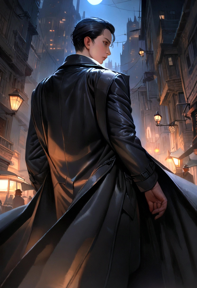 (best quality, 8k,highres,masterpiece:1.2), ultra-detailed, (realistic, photorealistic), (Detective Gadget in a sleek black trench coat:1.5), (Black trench coat:1.7), standing confidently, showcasing advanced futuristic gadgets, electric blue accents on his gadgets, mechanical arms extending from his coat, sharp and determined eyes, futuristic cityscape in background, bokeh, studio lighting, sharp focus