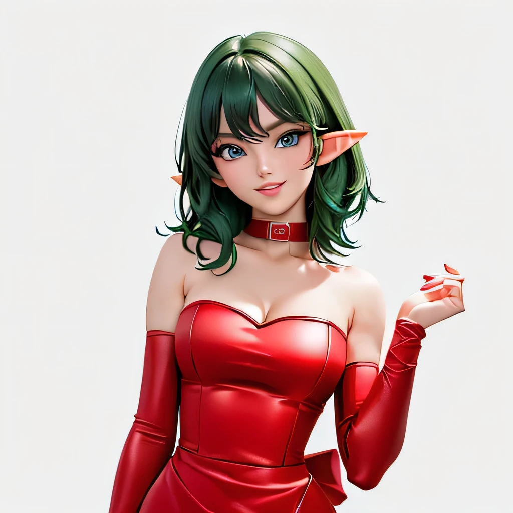  ((masterpiece,best quality,ultra-delicate,Perfect Face,16k,high resolution,very beautiful girl)),Medium short green hair:1.2, Red strapless bodycon tube dress with huge red bow on the lower back,Red long arm sleeves,Elf Girl,large Breasts,blue eyes,Beautiful smile,20 years old