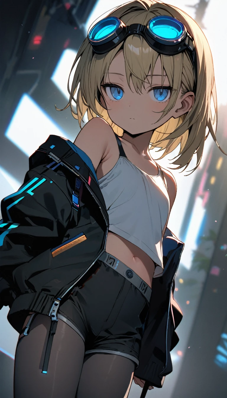 a handsome girl, , solo,
blond hair, asymmetrical bob, blue eyes, bright eyes, jitome,
cyber punk black jacket, white tank top, goggles on head,
off shoulder, open jacket, black shorts, garter rings, gray tights,
expressionless,
blurry background, perfect lighting, perfect angle, masterpiece, best quality, extremely detailed face,