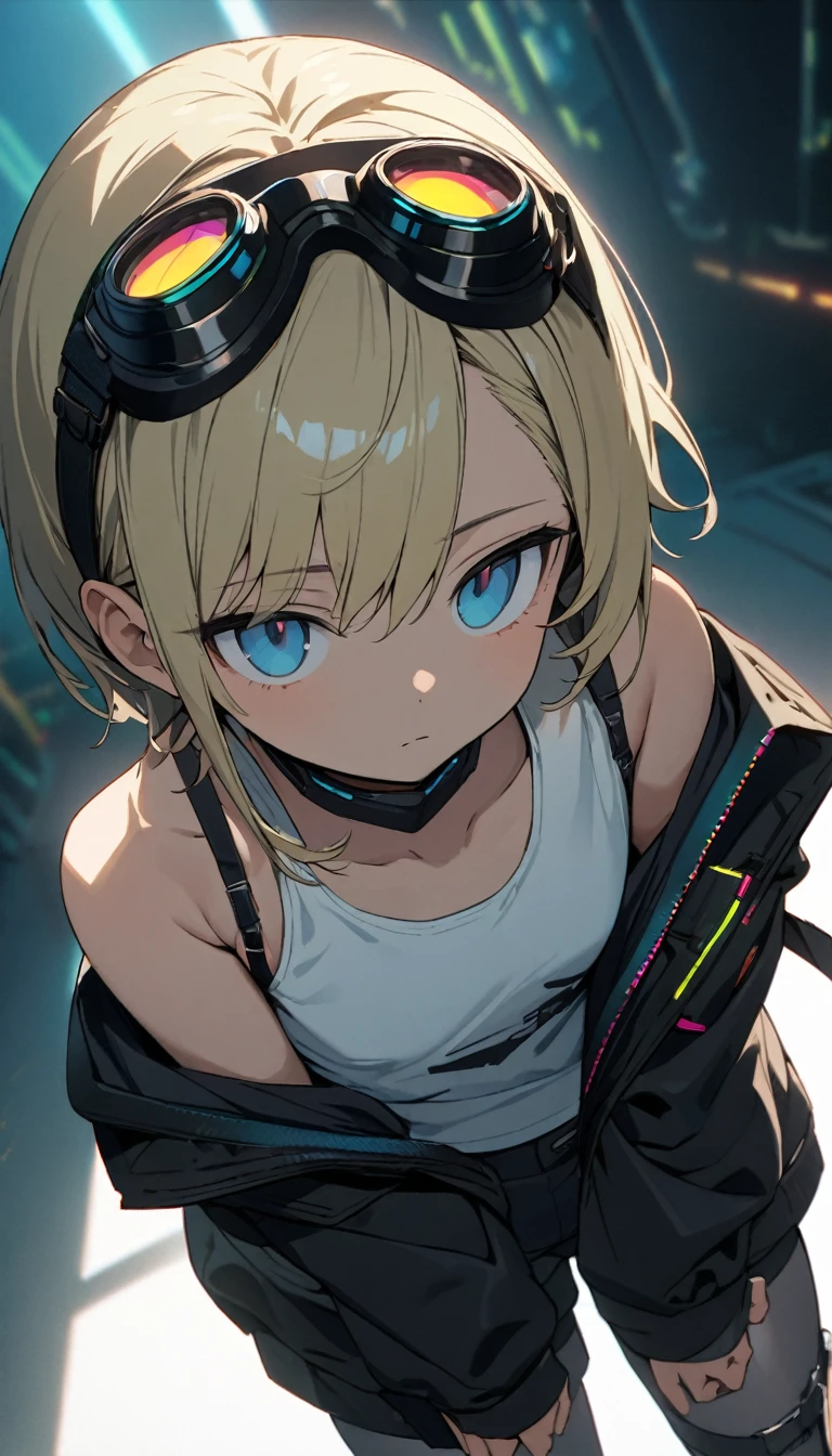 a handsome girl, 10yo, solo,
blond hair, asymmetrical bob, blue eyes, bright eyes, jitome,
cyber punk black jacket, white tank top, goggles on head,
off shoulder, open jacket, black shorts, garter rings, gray tights,
expressionless,
blurry background, perfect lighting, perfect angle, masterpiece, best quality, extremely detailed face,