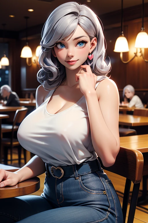 Milfs, one women, busty, huge breasts, huge breasts, mature female, heavy breasts, slick hair, (Silver hair), light-skinned woman, blue eyes, BIG ASS, with his chin resting on his hand, looking down at viewer, Bra edges on the sweater, sensual cleavage, Full breasts, Breasts larger than the head, Face Madura, curvy woman, thick thighs, voluptuous woman, black belt, Bra strap appears, soft breasts, female focus, charming face, Imposing woman, high waisted jeans, white tank top, teasing with your breasts, sitting on a restaurant chair, a meeting, first-person perspective, before the admirer, Hearts over the head, Candle lighting, in an elegant restaurant, Glass of wine, sits in front of the viewer, (sitting at a table in a restaurant), Upper body shot, partially visible body, crowded restaurant in the background, in the night time, Romantic atmosphere, Silver hair