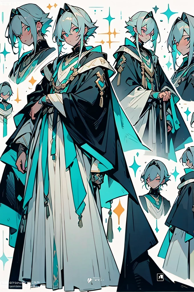 silver hair, turquoise chic eyes, wizard teenage boy, whole body, Set in a medieval mansion, medieval nobleman's clothes, 
only one person