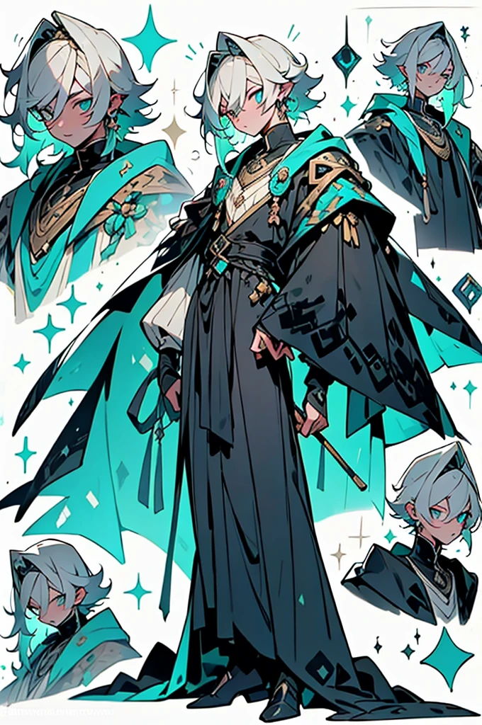 silver hair, turquoise chic eyes, wizard teenage boy, whole body, Set in a medieval mansion, medieval nobleman's clothes, 
only one person
