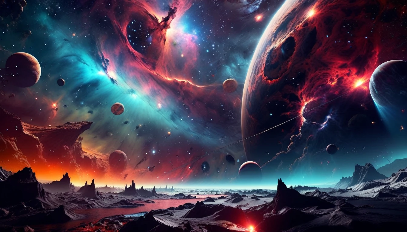 Vast space war、Epic space battles、Surreal、Manga style、Floating in space、(Celestial Nebula:1.9)、Mysterious cosmic energy、Dramatic lighting、Hyperrealistic、Cinematic、Bright colors、Dramatic Chiaroscuro、Volumetric lighting、Photorealistic、masterpiece、Highest quality、8K、Super detailed、Physically Based Rendering、 EdobHorrorLandscape, error sketch