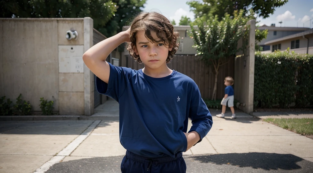Photorealistic representation of a boy with curly blond hair, bangs covering his forehead and large, expressive blue eyes. The boy is partially dressed in a navy blue , consisting of a long-sleeved shirt and matching pants. He's dancing funk in the school yard. The hopeful and melancholy atmosphere. Depicting the mid-90s, meticulously capturing the other kids watchiin the background.