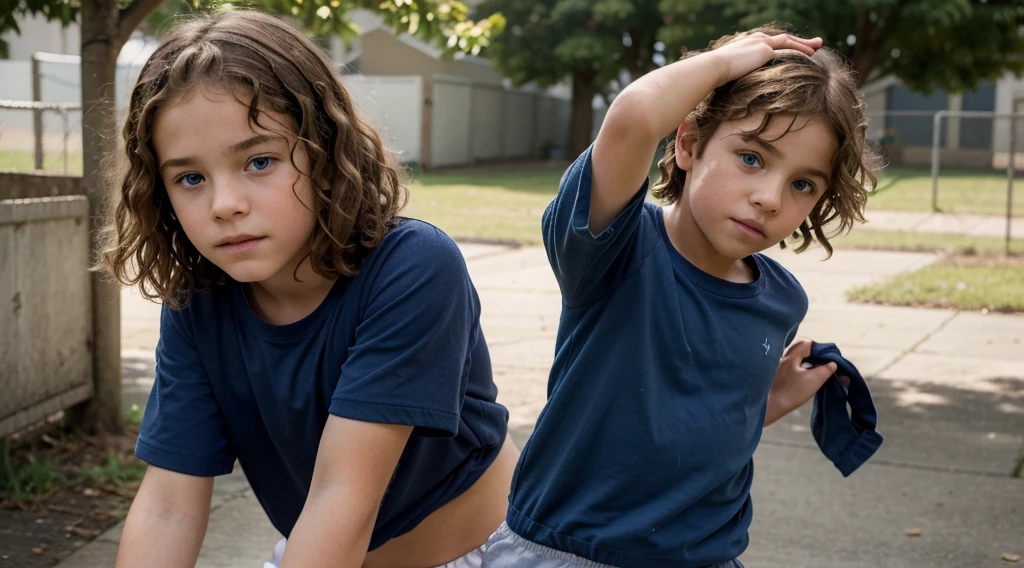 Photorealistic representation of a -yeld boith curly blond hair, bangs covering his forehead and large, expressive blue eyes. The boy is partially dressed in a navy blue , consisting of a long-sleeved shirt and matching pants. He's dancing funk in the school yard. The hopeful and melancholy atmosphere. Depicting the mid-90s, meticulously capturing the other kids watching in the background.