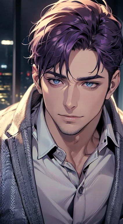 (best quality,4k,8k,highres,masterpiece:1.2),ultra-detailed,(realistic,photorealistic,photo-realistic:1.37),1 man,31 years old,mature man,very handsome,without expression,smile,short purple hair,blue eyes,penetrating gaze,perfect face without errors,imposing posture,businessman,office background,cinematic lighting,hdr image