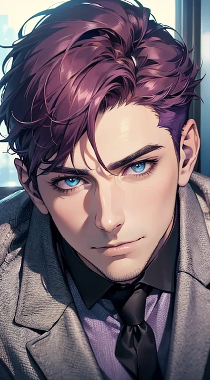 (best quality,4k,8k,highres,masterpiece:1.2),ultra-detailed,(realistic,photorealistic,photo-realistic:1.37),1 man,31 years old,mature man,very handsome,without expression,smile,short purple hair,blue eyes,penetrating gaze,perfect face without errors,imposing posture,businessman,office background,cinematic lighting,hdr image
