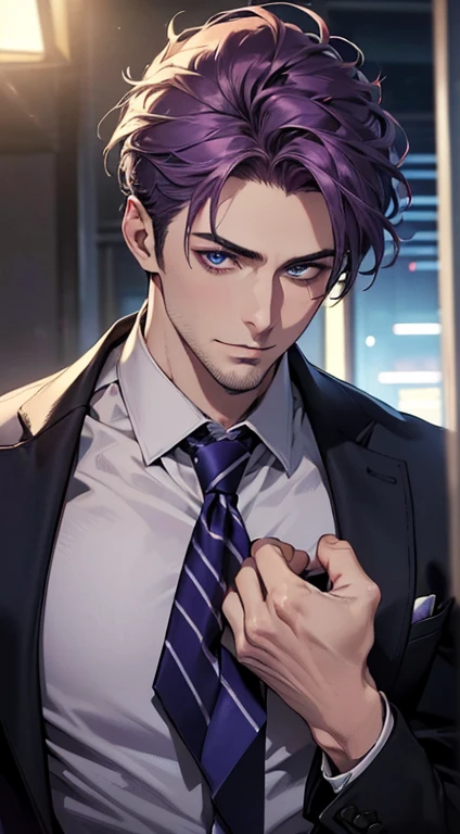 (best quality,4k,8k,highres,masterpiece:1.2),ultra-detailed,(realistic,photorealistic,photo-realistic:1.37),1 man,31 years old,mature man,very handsome,without expression,smile,short purple hair,blue eyes,penetrating gaze,perfect face without errors,imposing posture,businessman,office background,cinematic lighting,hdr image