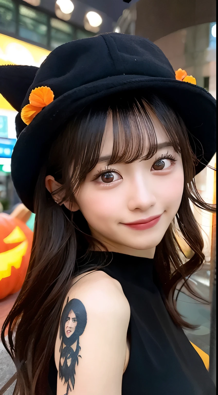 high quality, 最high quality, masterpiece, Very fine、beautifully、detailed, Professional photos, Proper Lighting,
Very beautiful girl, Beautiful Face, Face Tattoos,
Halloween Costumes, Black short dress, Black witch hat, Orange Accessories,
smile, Laughter, Blushed, (thin, Pale skin,:0.8)
Very straight medium hair with single blades,
(Bokeh, Dynamic Angle, city, on the road, Midnight, Shibuya Ward,:0.8)