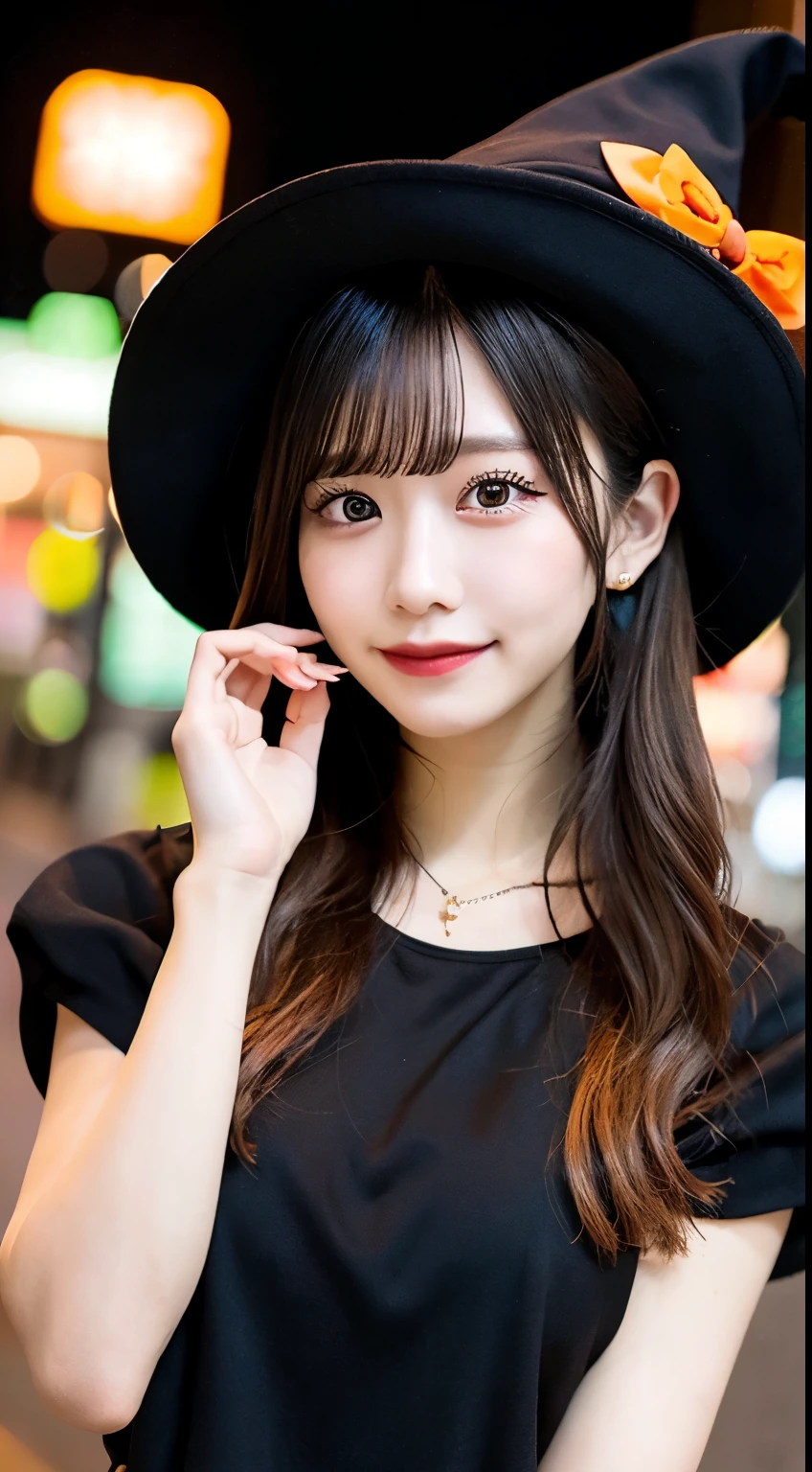 high quality, 最high quality, masterpiece, Very fine、beautifully、detailed, Professional photos, Proper Lighting,
Very beautiful girl, Beautiful Face, Face Tattoos,
Halloween Costumes, Black short dress, Black witch hat, Orange Accessories,
smile, Laughter, Blushed, (thin, Pale skin,:0.8)
Very straight medium hair with single blades,
(Bokeh, Dynamic Angle, city, on the road, Midnight, Shibuya Ward,:0.8)