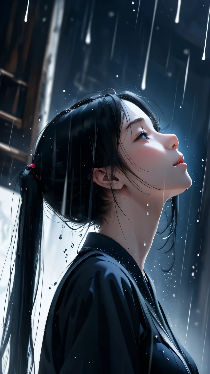Master Painting、Optimal quality、downpour、woman、Black Hair、Looking up at the sky、Upper Body、Black jersey、Large Breasts、Asian、high school girl、Eaves、Rain-soaked hair、Twin tails、