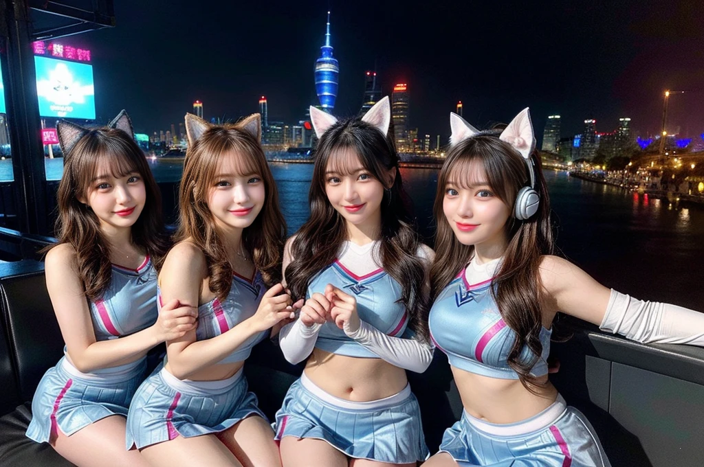 ((最high quality, 8K, masterpiece詳細, 超High resolution)), (Group photo), (Looking at the audience), (Mid Shot:), Attractive girl、Cute Girls、Four Girls Lined Up、Random Face、Young Japanese women、Full body photo、whole、最high quality, Big Tits、Big Boobs、Big Breasts、naked、Show your、masterpiece, 32k、Very detailed、Realistic、Japanese women、Cute face, (photo Actual:1.3), Edge lighting, (Skin with attention to detail:1.2), 8K超High resolution, Single-lens reflex camera, high quality, High resolution, 4K, 8K, Optimal ratio of four fingers to one thumb, (Actual:3), smile、自然なsmile、Baseball Cheerleader Costumes(black、Light blue line design、Japanese professional baseball cheerleaders)、Cat ear headphones(ピンク色のネオンCat ear headphones)、Realistic、Super Realistic、32k、Very detailed、masterpiece, 最high quality, beautiful girl, beauty、 Mecha, Beautiful lighting, Sitting,Cyber Neon、Future City、Skyscraper、City Night、Shanghai、Metropolis、Night view、綺麗なNight view