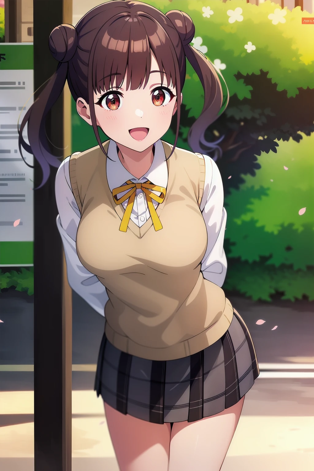 masterpiece, best quality, highres, aachiyoko, double bun, twintails, neck ribbon, yellow ribbon, collared shirt, sweater vest, blazer, black jacket, open clothes, long sleeves, plaid skirt, brown skirt, outdoor, cherry blossoms, smile, leaning forward, standing, cowboy shot, open mouth, arms behind back,