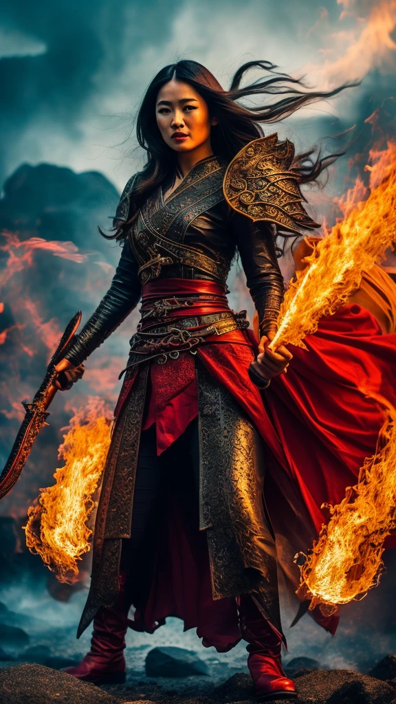 realistic photo of a woman, Asian face, fantasy warrior clothes, red, black, gloves, red shoes, long hair, wind blowing effect, fighting a large octopus monster, an orc with a flaming sword in her right hand, bright red and full lips. fire, flmngprsn, hand, holding, standing on island rock, stick medieval old style fashion front facing colored fire effect smoke background in sea of fire effects and realistic sparks masterpice ultra hd visible full body.
