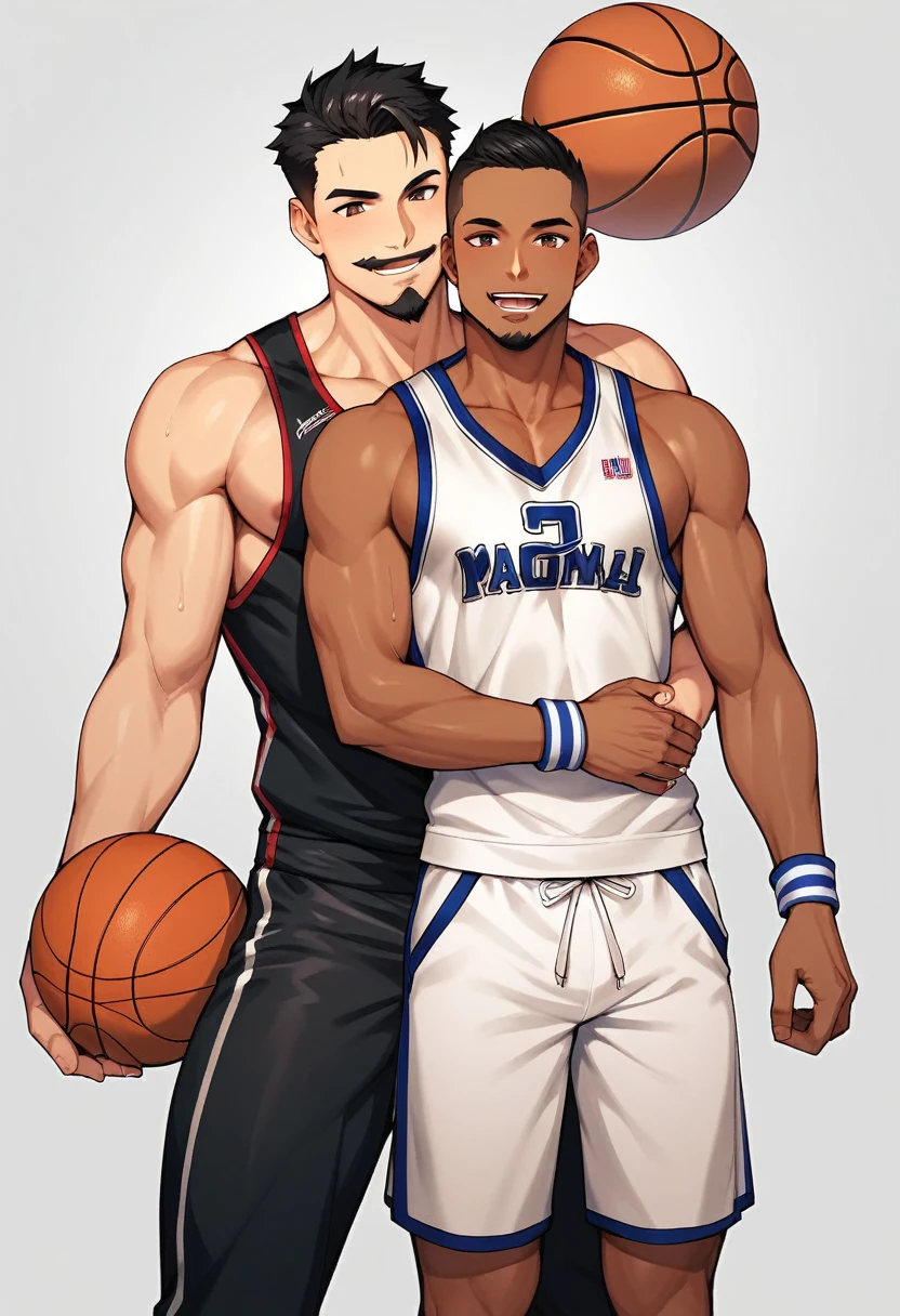 17 year old boy, dark-skinned, height around 1,65, beautiful smile, dark brown eyes, mustache and a goatee, short straight black hair, wearing a basketball jersey with white stripes, wearing 3 bracelets on the left arm, and 2 on the right arm. Also wearing a black bandana tied around his forehead.