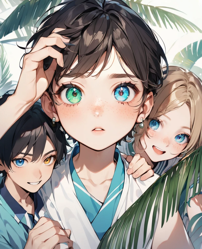 boy 16 years old, A LOT OF FRECKLES ON THE FACE, KIDS AND PALM, Heterochromia eyes: one green, the other blue 