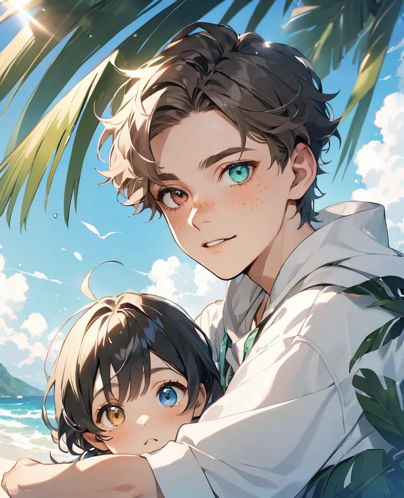 boy 16 years old, A LOT OF FRECKLES ON THE FACE, KIDS AND PALM, Heterochromia eyes: one green, the other blue 