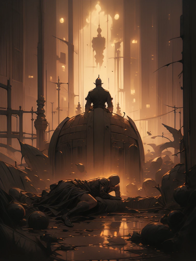 there is a painting of a knight laying on a grave, gerald brom and vincent di fate, old - school dark fantasy art, fallen knight, by Donato Giancola, beksinski and dan mumford, style of donato giancola, by Andrew Ferez, josan gonzales and dan mumford, donato giancola and tom bagshaw, medieval dark fantasy
