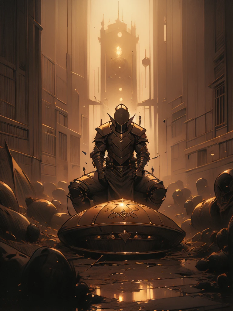 there is a painting of a knight laying on a grave, gerald brom and vincent di fate, old - school dark fantasy art, fallen knight, by Donato Giancola, beksinski and dan mumford, style of donato giancola, by Andrew Ferez, josan gonzales and dan mumford, donato giancola and tom bagshaw, medieval dark fantasy