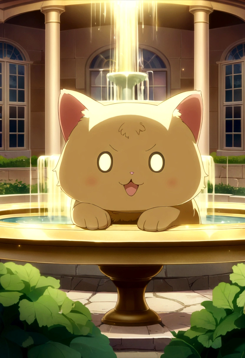 Cute kitten with round eyes, Garden fountain, , Distant home, Mirror Effect,Glowing in gold、anime