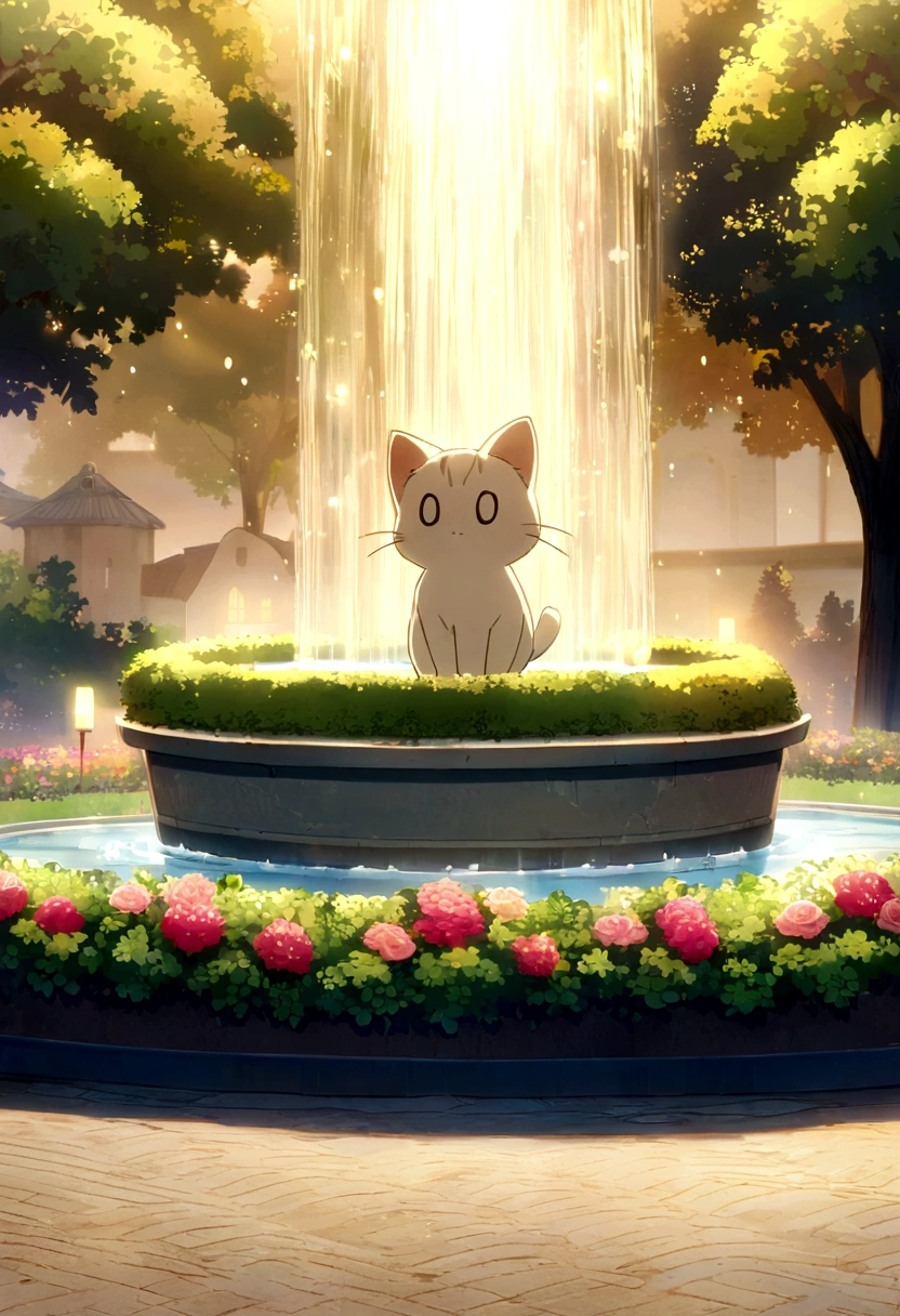 Cute kitten with round eyes, Garden fountain, , Distant home, Mirror Effect,Glowing in gold、anime