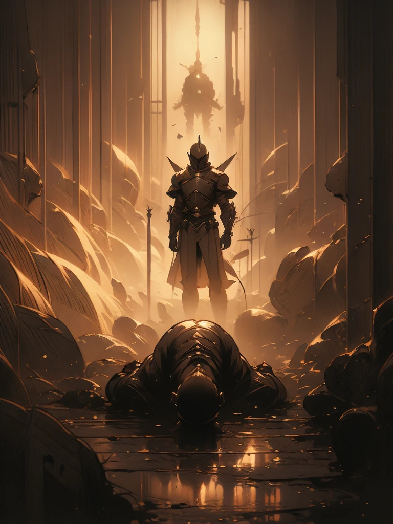there is a painting of a knight laying on a grave, gerald brom and vincent di fate, old - school dark fantasy art, fallen knight, by Donato Giancola, beksinski and dan mumford, style of donato giancola, by Andrew Ferez, josan gonzales and dan mumford, donato giancola and tom bagshaw, medieval dark fantasy