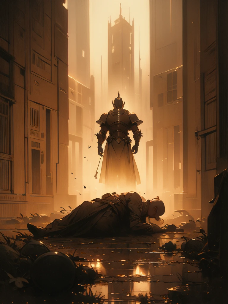 there is a painting of a knight laying on a grave, gerald brom and vincent di fate, old - school dark fantasy art, fallen knight, by Donato Giancola, beksinski and dan mumford, style of donato giancola, by Andrew Ferez, josan gonzales and dan mumford, donato giancola and tom bagshaw, medieval dark fantasy