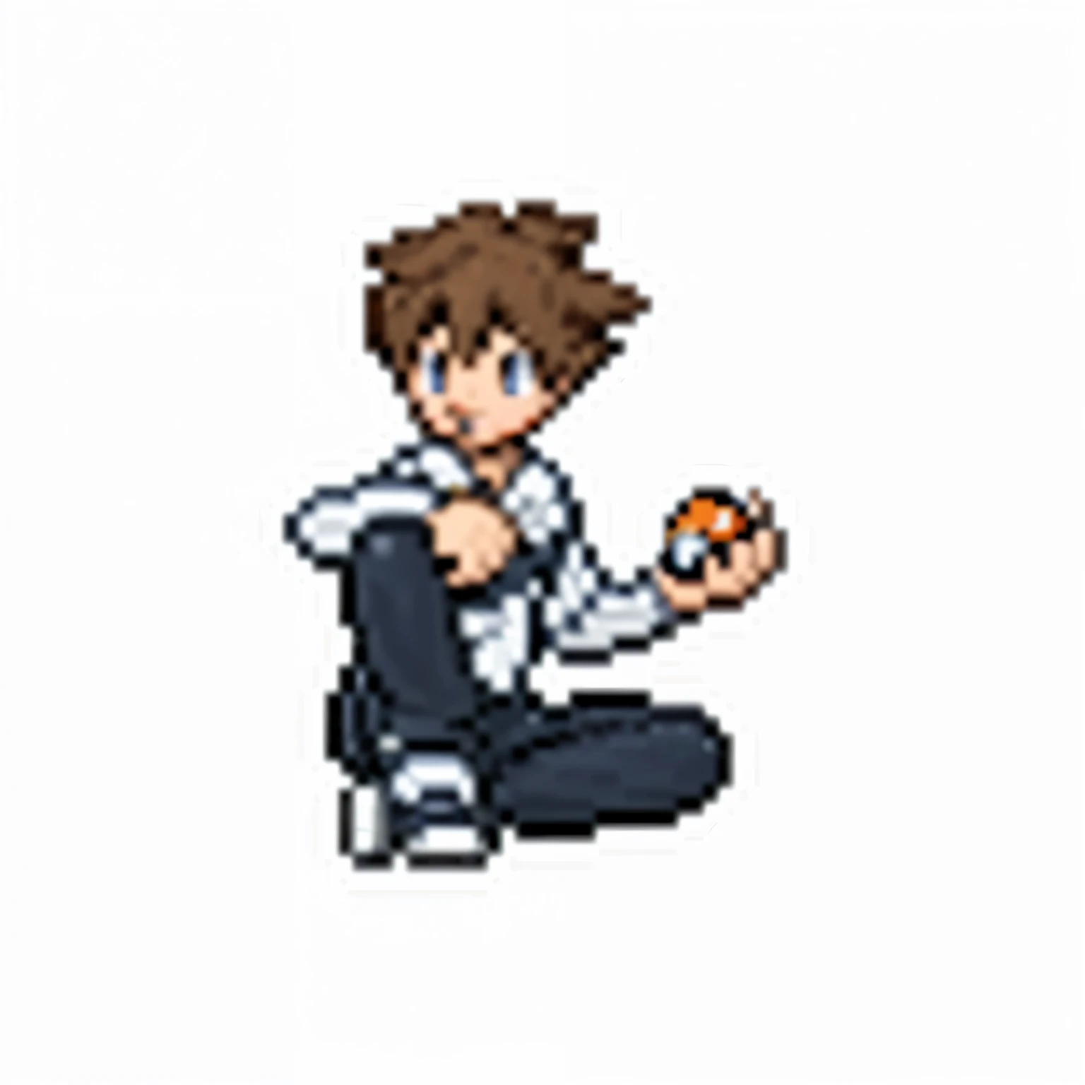 Pokemon trainer sprite, pixel art, sitting, holding a Poké Ball, brown hair, black shirt, black pants