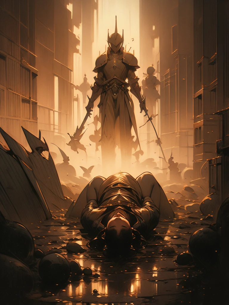 there is a painting of a knight laying on a grave, concept art by Donato Giancola, trending on cgsociety, fantasy art, gerald brom and vincent di fate, old - school dark fantasy art, fallen knight, beksinski and dan mumford, style of donato giancola, josan gonzales and dan mumford, donato giancola and tom bagshaw