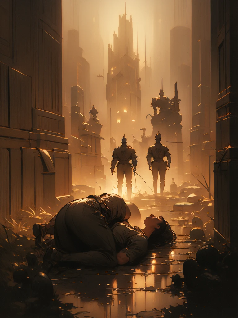there is a painting of a knight laying on a grave, concept art by Donato Giancola, trending on cgsociety, fantasy art, gerald brom and vincent di fate, old - school dark fantasy art, fallen knight, beksinski and dan mumford, style of donato giancola, josan gonzales and dan mumford, donato giancola and tom bagshaw