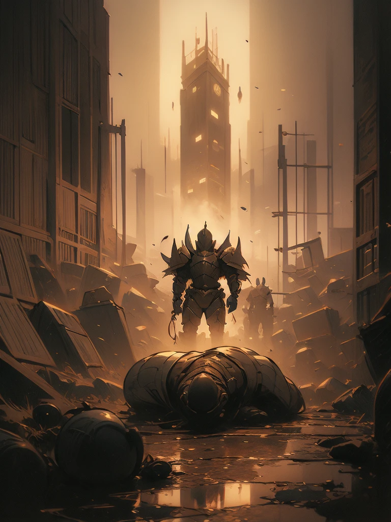 there is a painting of a knight laying on a grave, concept art by Donato Giancola, trending on cgsociety, fantasy art, gerald brom and vincent di fate, old - school dark fantasy art, fallen knight, beksinski and dan mumford, style of donato giancola, josan gonzales and dan mumford, donato giancola and tom bagshaw