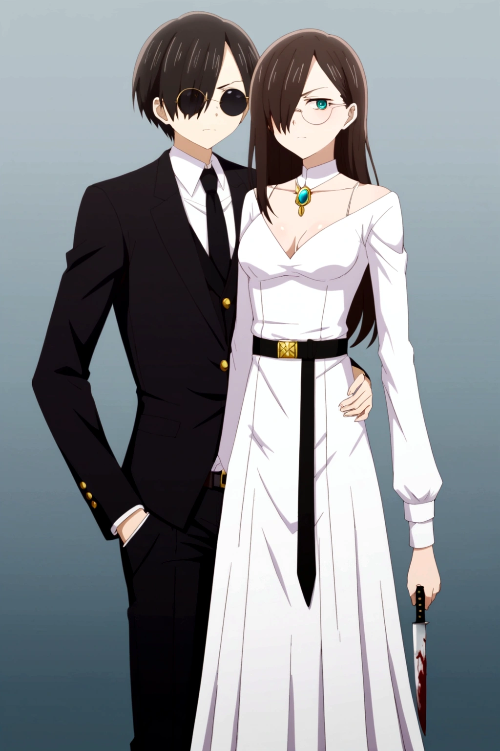 Kyotaro Ichikawa (My friend and I), defined body, very serious expression, round sunglasses, An open white suit jacket with black details on the shoulders., a black shirt under the suit with a skinny tie that has a gold brooch with a wolf figure. his belt, It has a large, decorative buckle., white dress pants, blood stained clothes, elegant clothes, holding a knife with a golden handle. 