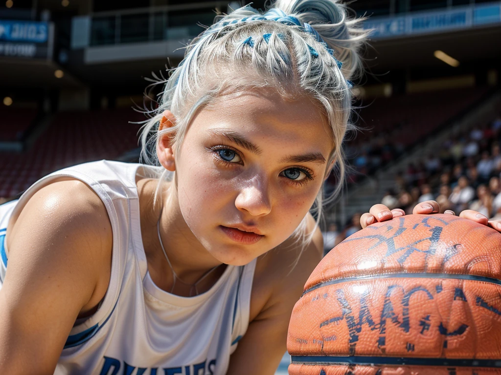 14 year old girl with white hair up, light blue eyes, White skin , small, upturned nose and very beautiful playing basketball