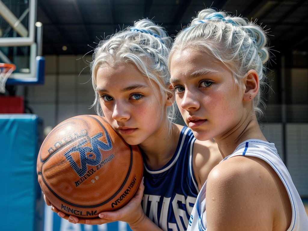 14 year old girl with white hair up, light blue eyes, White skin , small, upturned nose and very beautiful playing basketball