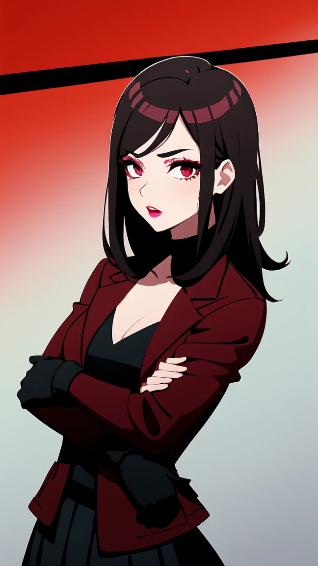 woman with dark red hair, with red eyeliner, makeup, light lipstick, red jacket, black gloves, black skirt, black shirt