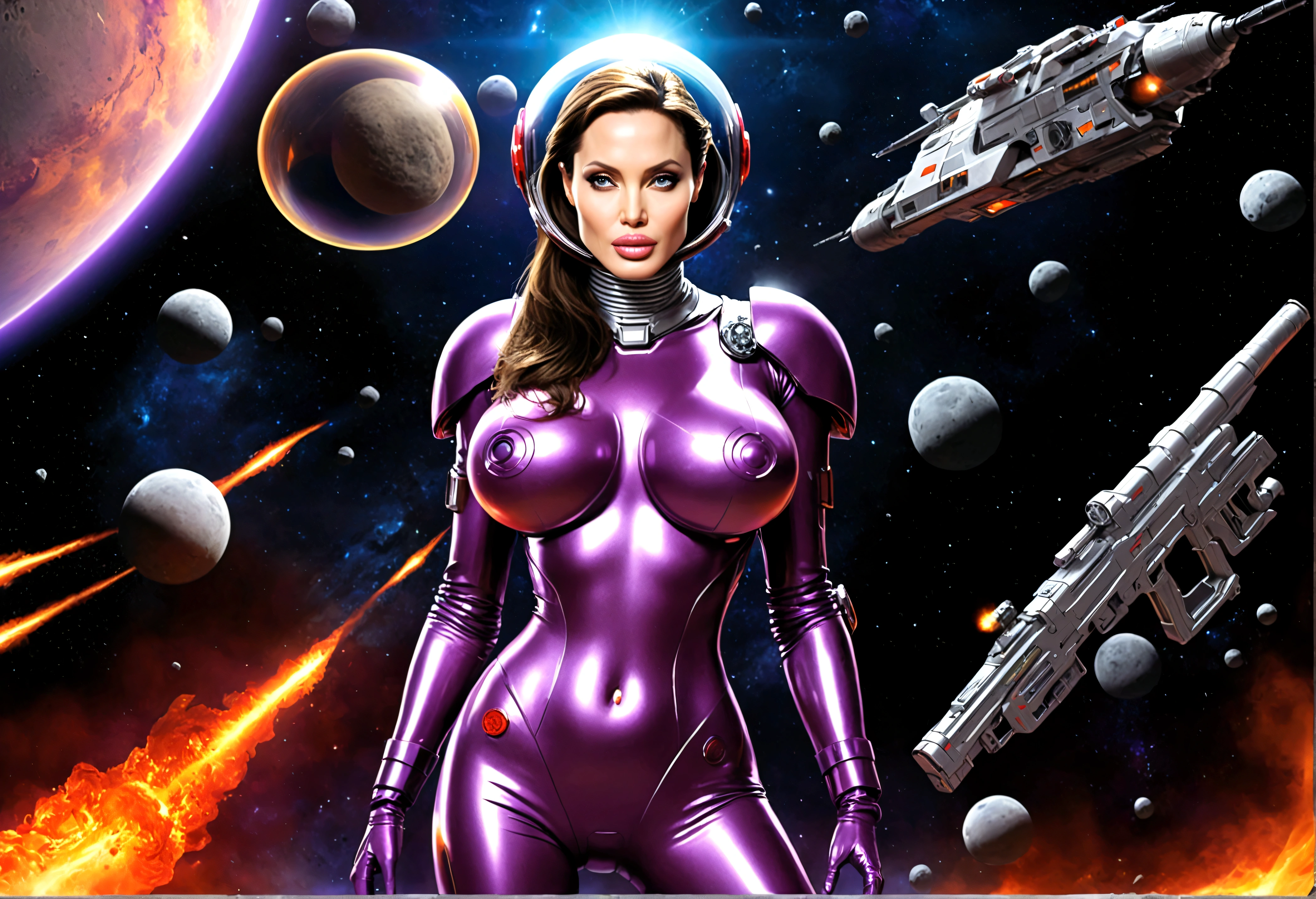 Angelina Jolie (age 25, giga busty, huge breasts, sexy violet clear plastic space suit, thruster pack, bubble dome, big laser rifle) is a scout in an asteroid field, attacked by fembots of the opposing faction (silver and red color scheme). Show the fire fight. Intense action. Angelina takes cover. fembots explode, epic battle in space, laser fire, explosions, show the battle
