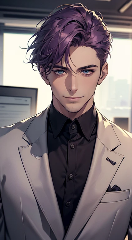 (best quality,4k,8k,highres,masterpiece:1.2),ultra-detailed,(realistic,photorealistic,photo-realistic:1.37),1 man,31 years old,mature man,very handsome,without expression,smile,short purple hair,blue eyes,penetrating gaze,perfect face without errors,imposing posture,businessman,office background,cinematic lighting,hdr image